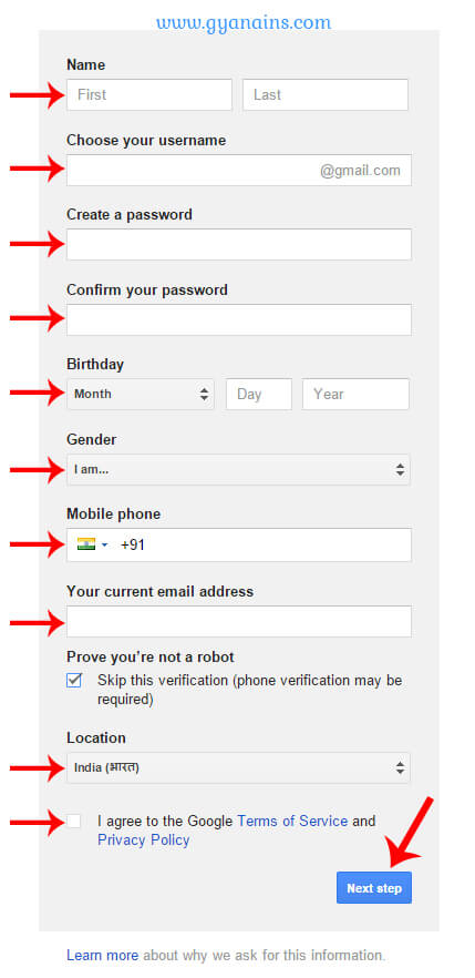 gmail create account form