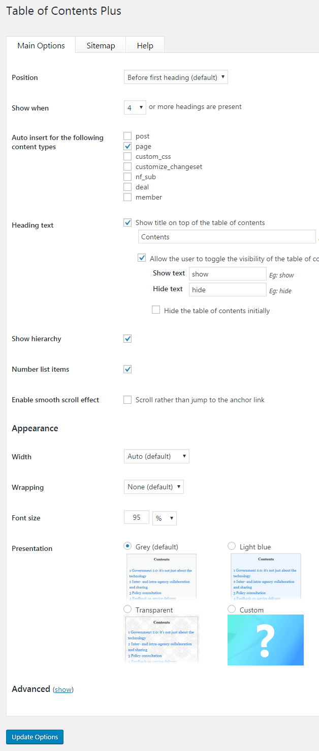 table of content plus settings