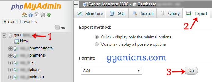 Export wordpress database using phpmyadmin