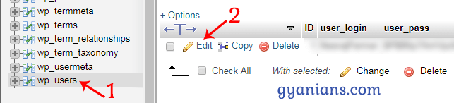 edit wp_user table in phpmyadmin