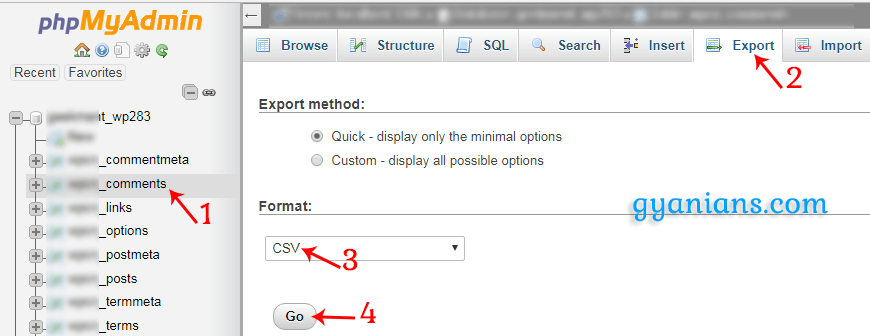 export wordpress commenter records using phpmyadmin