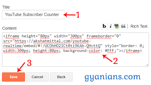 paste Real-Time YouTube Subscriber Counter code in blogger html gedget