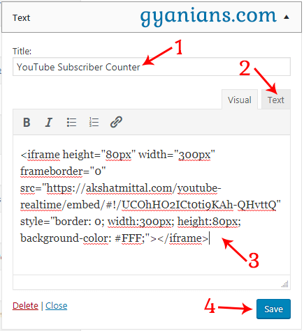 paste Real-Time YouTube Subscriber Counter code in wordpress text widget