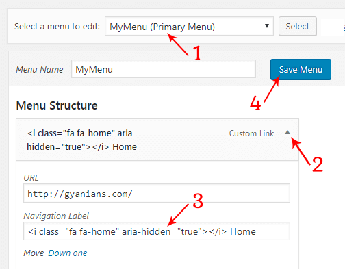 add awesome font icons in WordPress menus