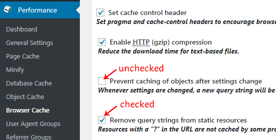 remove query strings from static resources w3 total cache settings