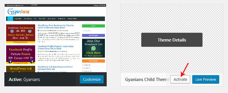 activate wordpress child theme