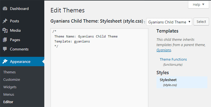edit wordpress child theme style file