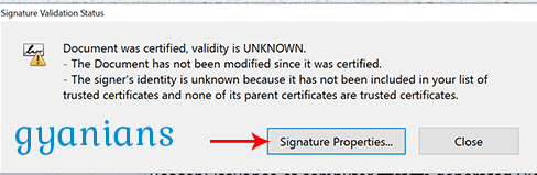 signature validation status popup