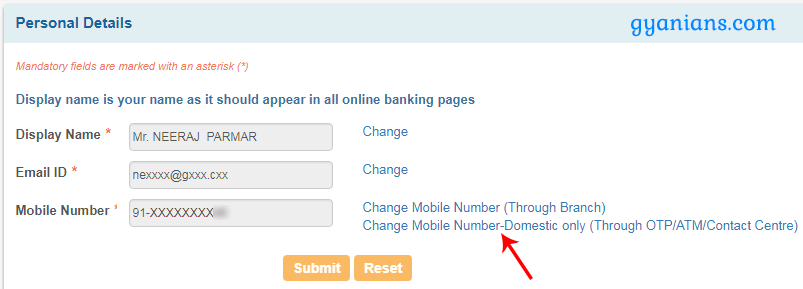 change mobile number domestic only sbi online
