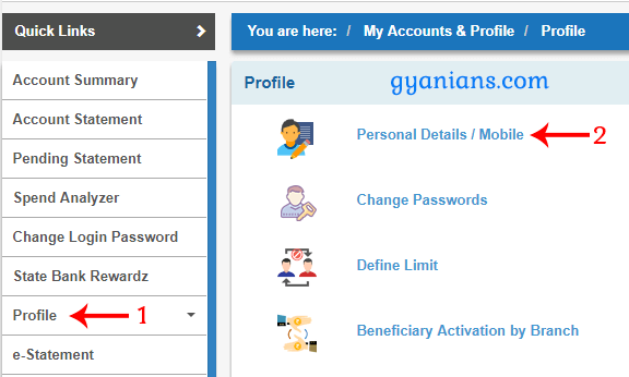 click profile then personal detais in sbi online