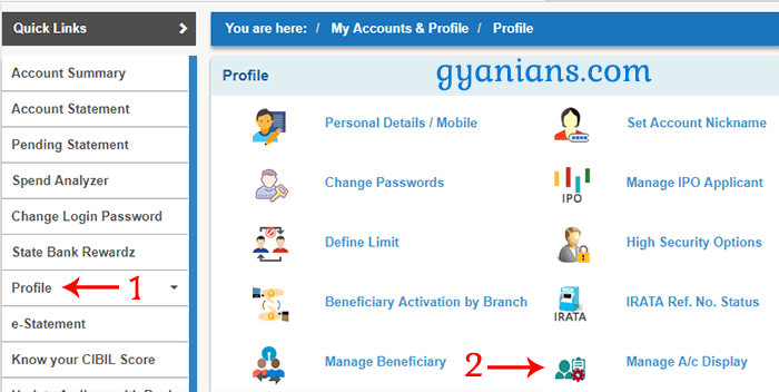 manage account display in sbi online