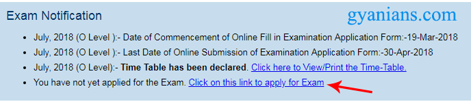 click on o level exam form link