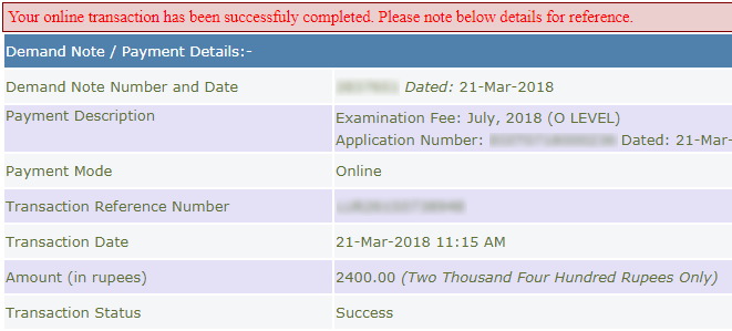 o level exam form payment response slip